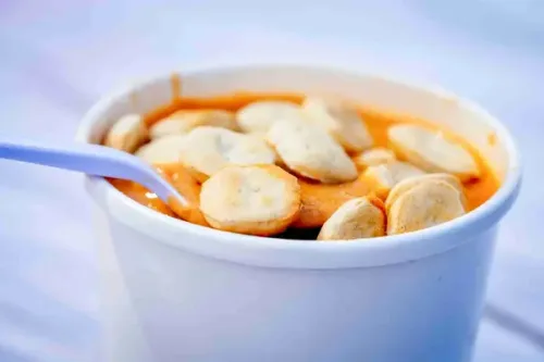 Lobster bisque topped with oyster crackers