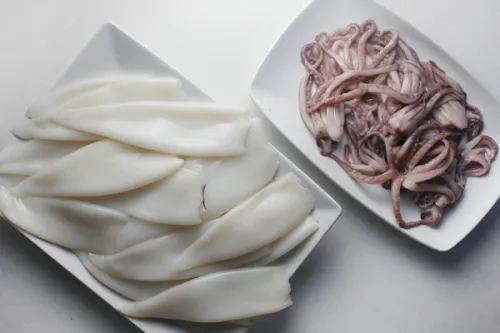Raw calamari tubes and tentacles arranged on white plates