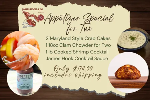 Offer graphic showing the appetizer special for two featuring crab cakes, clam chowder, shrimp cocktail, cocktail sauce, and shipping included