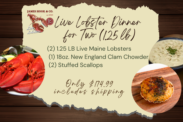 Live Lobster Dinner For Two (1.25LB) w/ Choice of Chowder or Bisque & Stuffed Scallops
