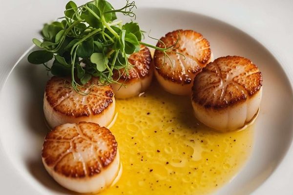 Broiled scallops served with lemon butter sauce and pea shoots