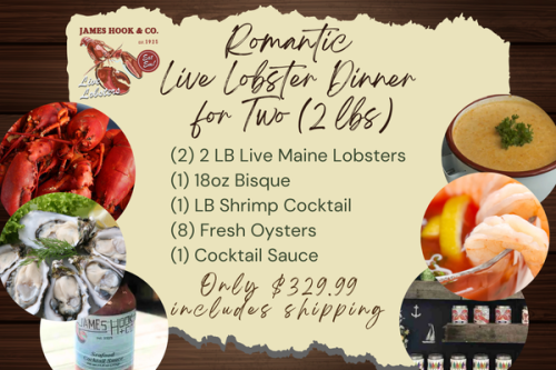 Offer graphic showing the romantic 2-pound live lobster dinner for two recipe with bisque, shrimp cocktail, oysters, cocktail sauce, and shipping included