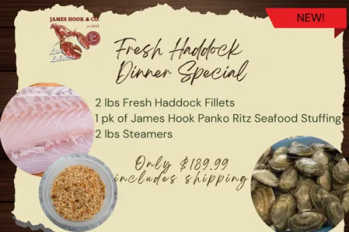 Offer graphic showing the fresh haddock dinner special with haddock fillets, seafood stuffing, steamers, and shipping included