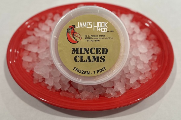 James Hook & Co. frozen minced clams in a one-pint container on crushed ice