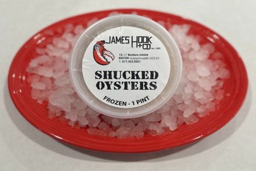 James Hook & Co. frozen shucked oysters in a one-pint container on crushed ice
