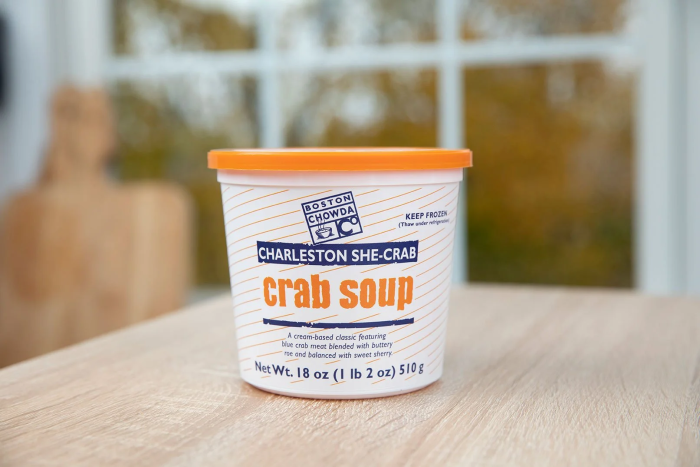 Charleston She-Crab crab soup container on a wooden table