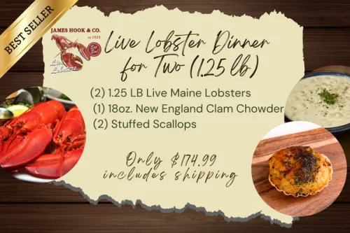 Offer graphic showing the live lobster dinner for two with 1.25-pound lobsters, clam chowder, and stuffed scallops