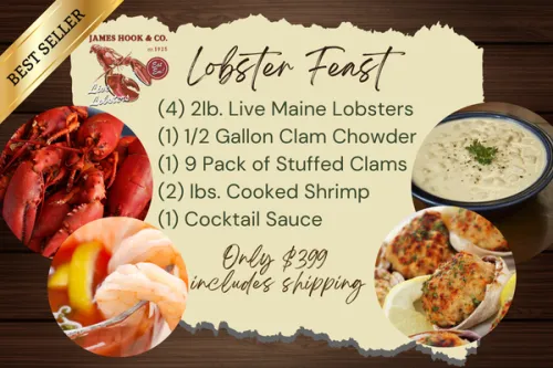 Offer graphic showing the lobster feast recipe featuring live Maine lobsters, clam chowder, stuffed clams, cooked shrimp, cocktail sauce, and shipping included