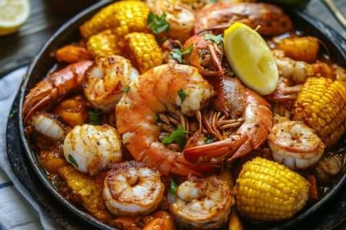 Homemade Cajun seafood boil with shrimp, lobster, scallops, corn, and lemon
